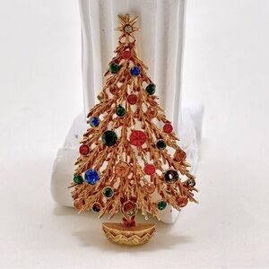 ART, Vintage, Gold Christmas Brooch With Multicolored Crystals